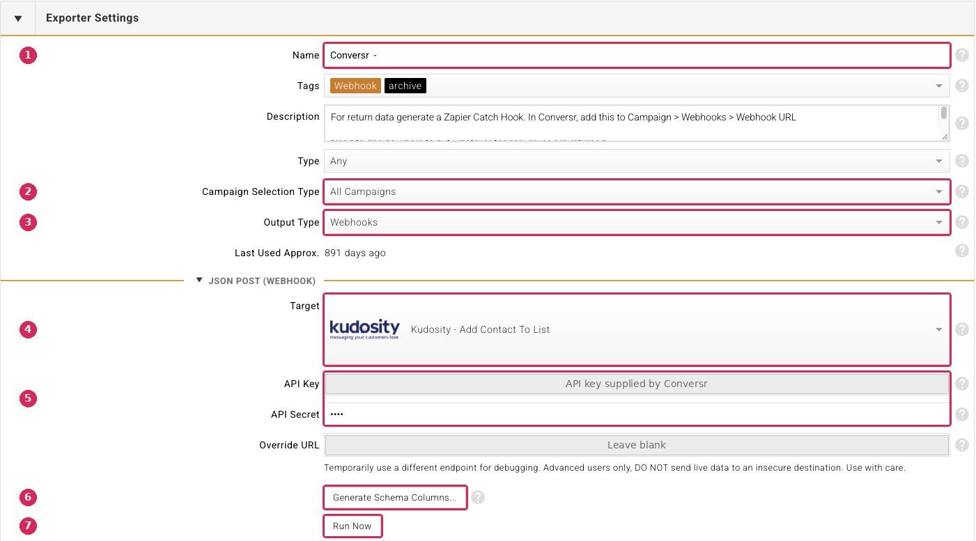 Exporter Settings panel with Conversr fields highlighted