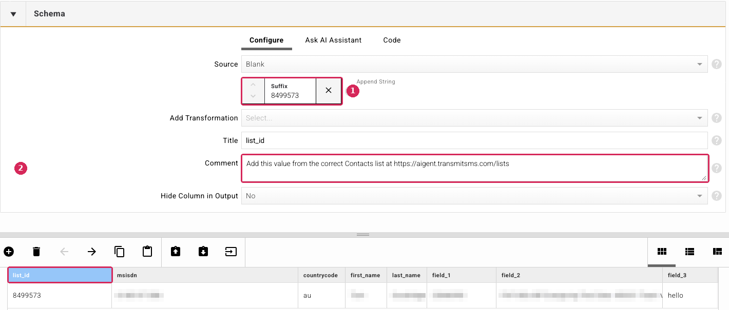 Schema configuration for the list_id column