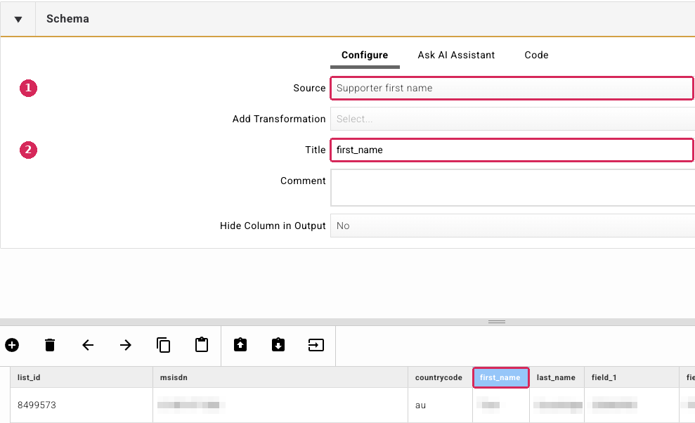 Schema configuration for the first_name column