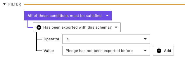 Filter condition: Has been exported with this schema? is Pledge has not been exported before