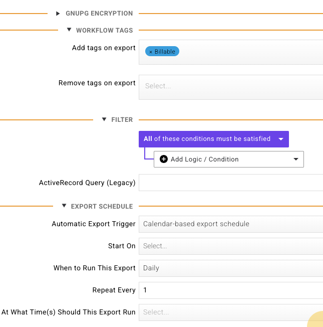 The Workflow Tags section of an export configuration, showing "Add tags on export" set to Billable and an empty "Remove tags on export" field, with Filter and Export Schedule sections visible below