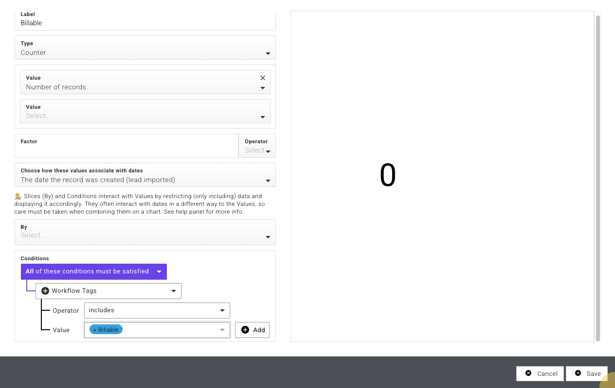 A report chart configuration showing a Counter chart labelled "Billable", with the Conditions section expanded and a Workflow Tags condition set to "includes Billable"