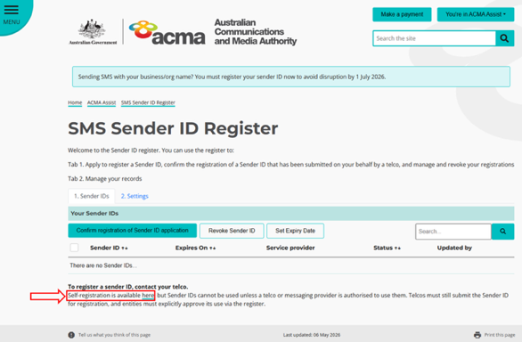 ACMA Assist SMS Sender ID Register page, with the self-registration link highlighted