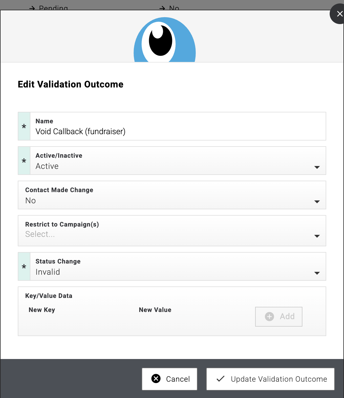 Example validation outcome configured for voided callbacks