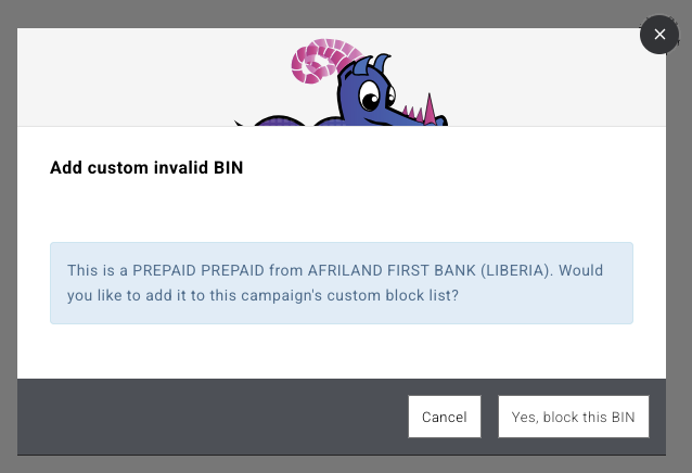 Lookup result showing the card level, type and issuer, with the option to block the BIN