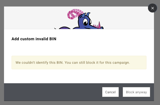 Lookup result for an unrecognised BIN, with the option to block it anyway