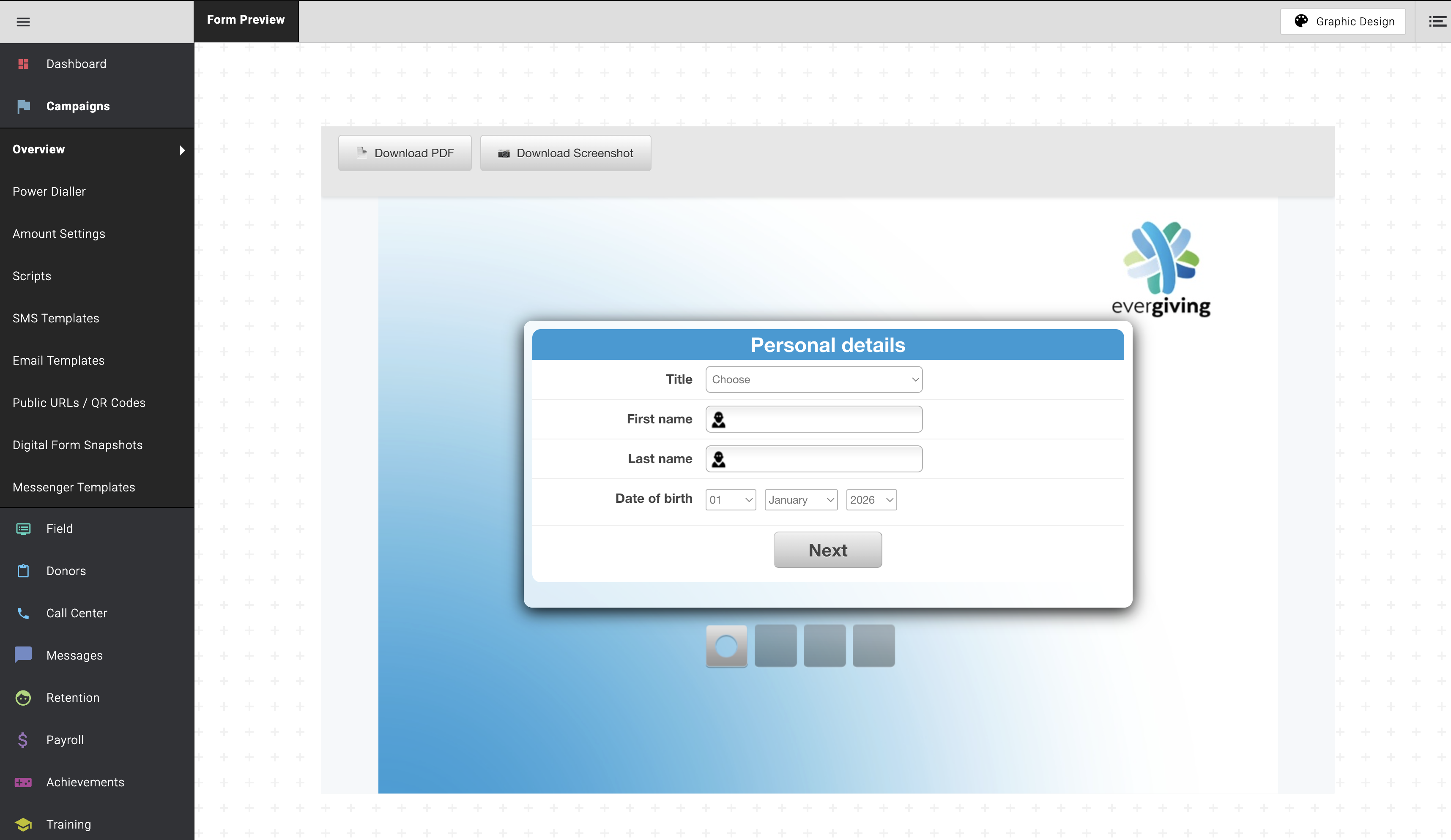 F2F Form Preview screen showing the Download PDF and Download Screenshot options