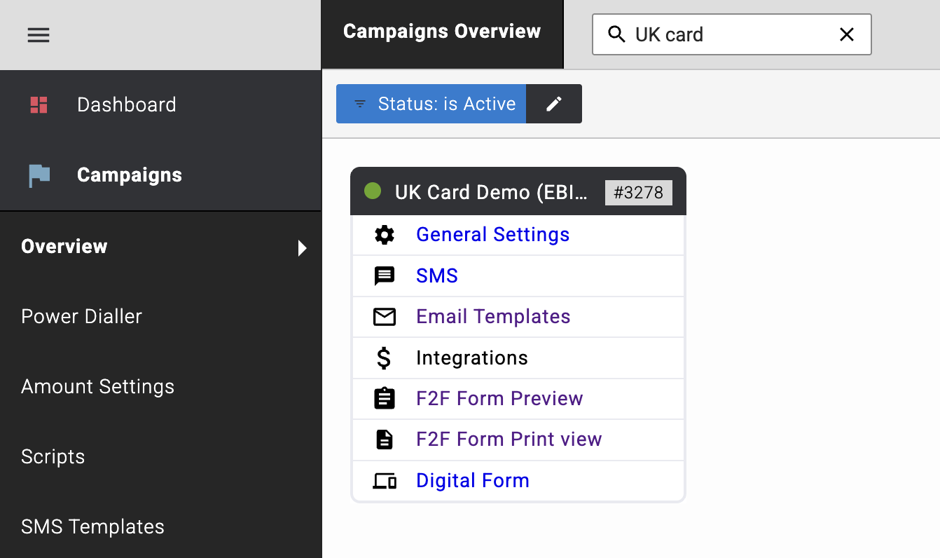 Campaign card menu showing F2F Form Preview and F2F Form Print view options