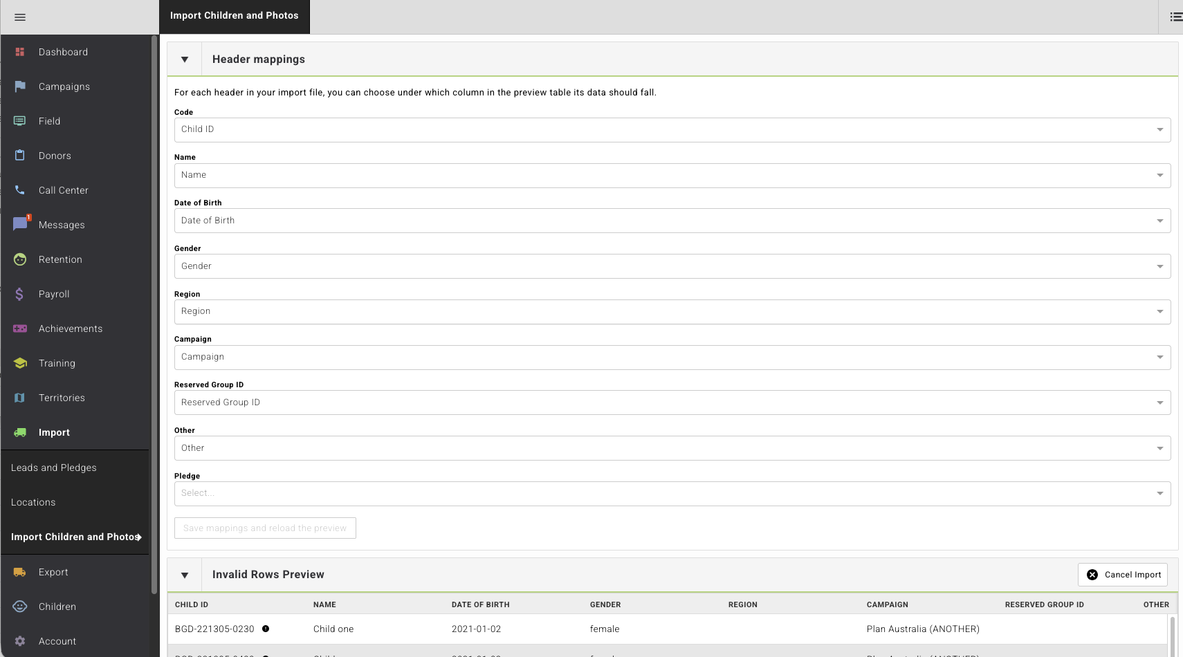 Header mappings and the invalid rows preview