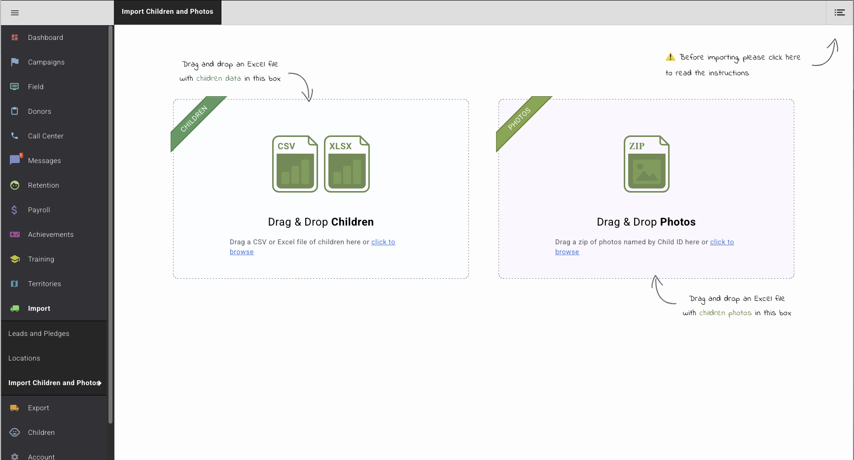 The Import Children and Photos page