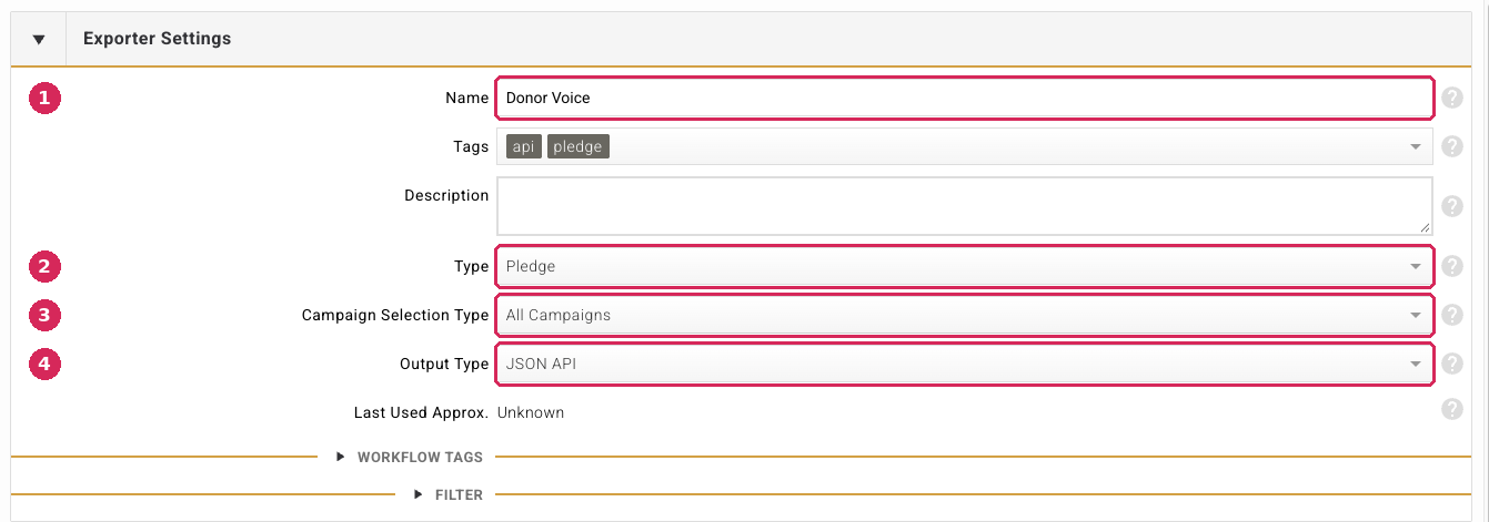 Exporter Settings with Name, Type, Campaign Selection Type and Output Type highlighted