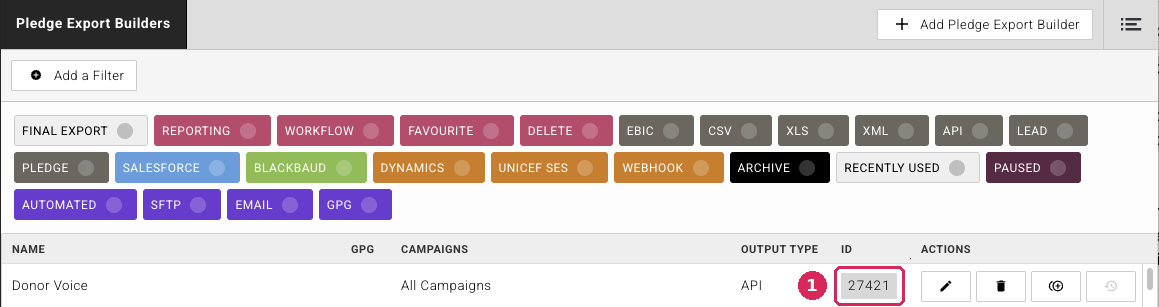 The ID column on the Pledge Export Builders list
