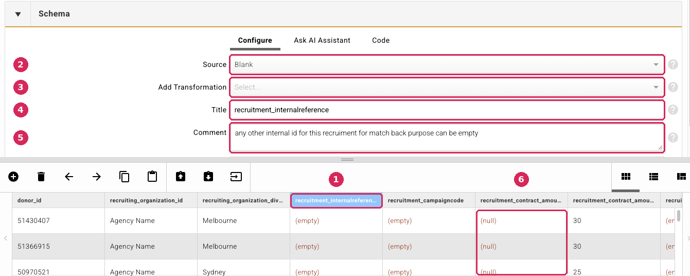Schema settings for a selected column, with the preview grid below