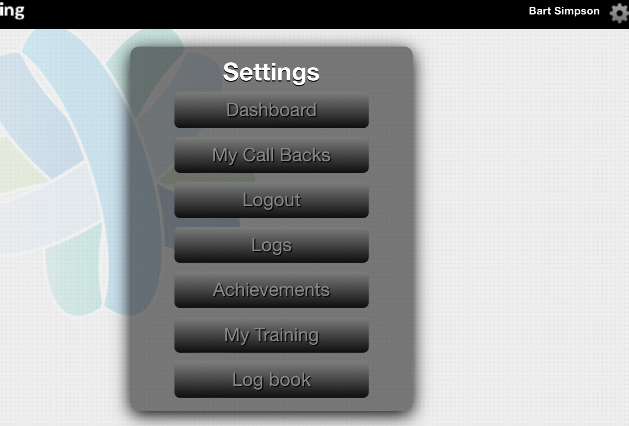 Settings icon and menu