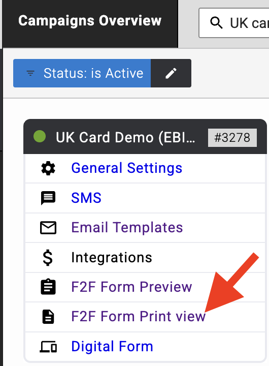 Selecting F2F Form Print view from the campaign card menu