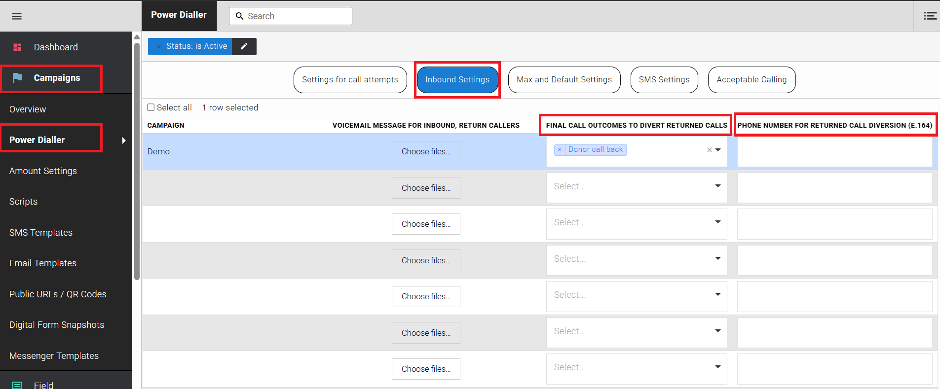 Power Dialler Inbound Settings showing voicemail, final call outcomes, and diversion phone number fields
