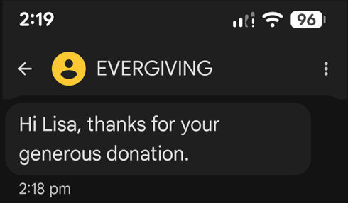 Example SMS on a phone showing "EVERGIVING" as the registered Sender ID