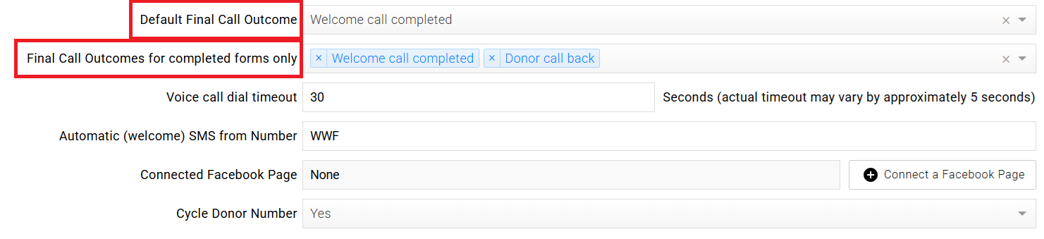 Campaign General Settings showing Final Call Outcomes for completed forms only field