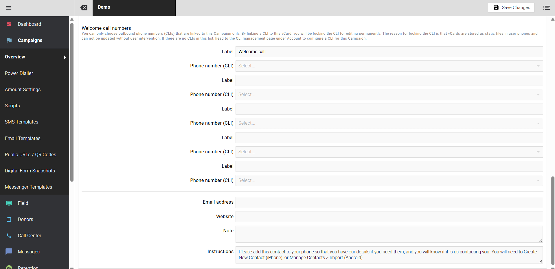 Welcome call numbers section showing label and CLI fields