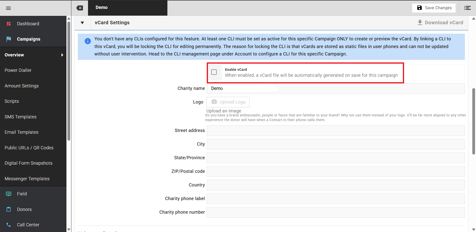 vCard Settings panel showing Enable vCard checkbox and fields for charity name, logo, address, and phone