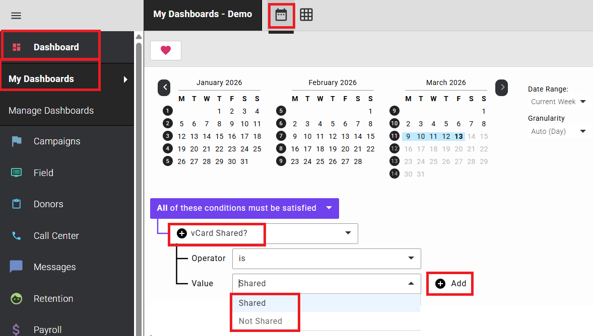 Filtering by vCard Shared status on a dashboard