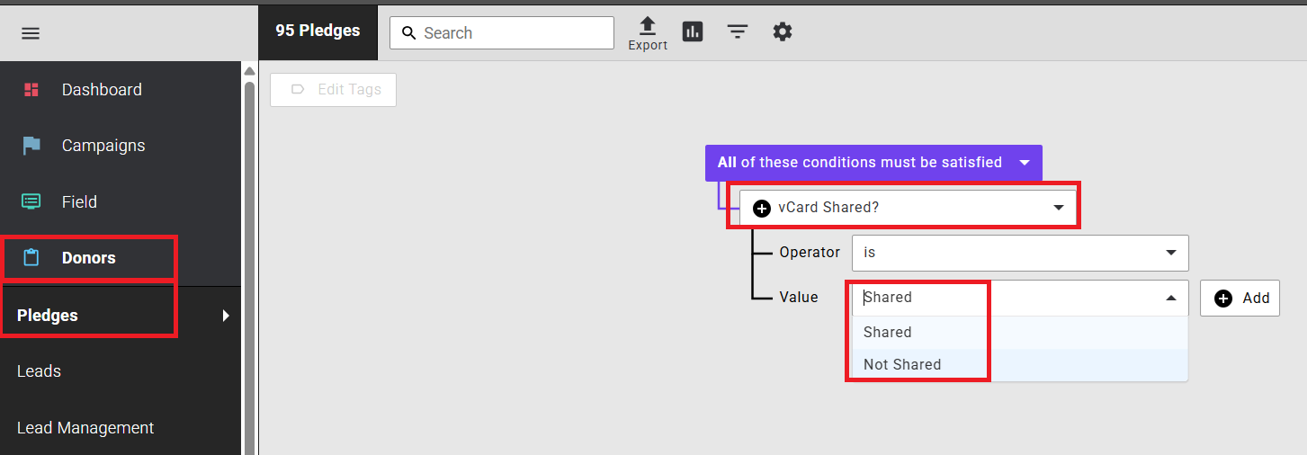 Filtering pledges by vCard Shared status