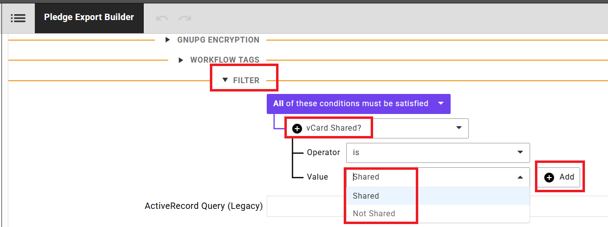 Filtering by vCard Shared status in the Pledge Export Builder